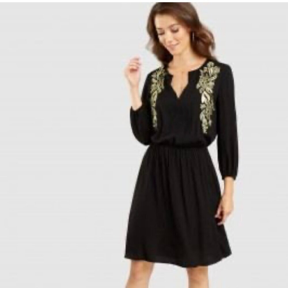 World Market Small Embroidered Dress Gold Black Midi A Line